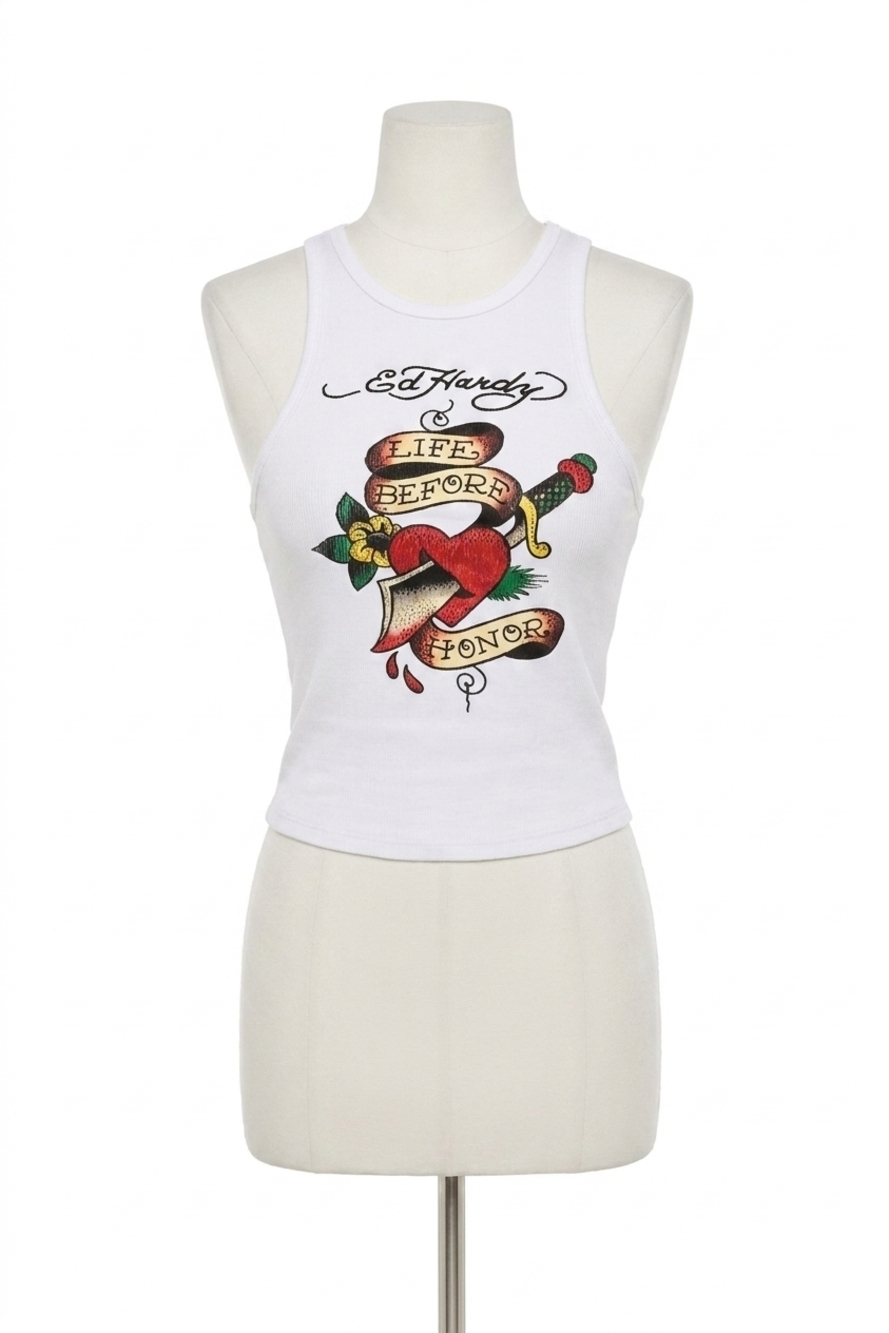 NEW ED HARDY heart sword tank top in white